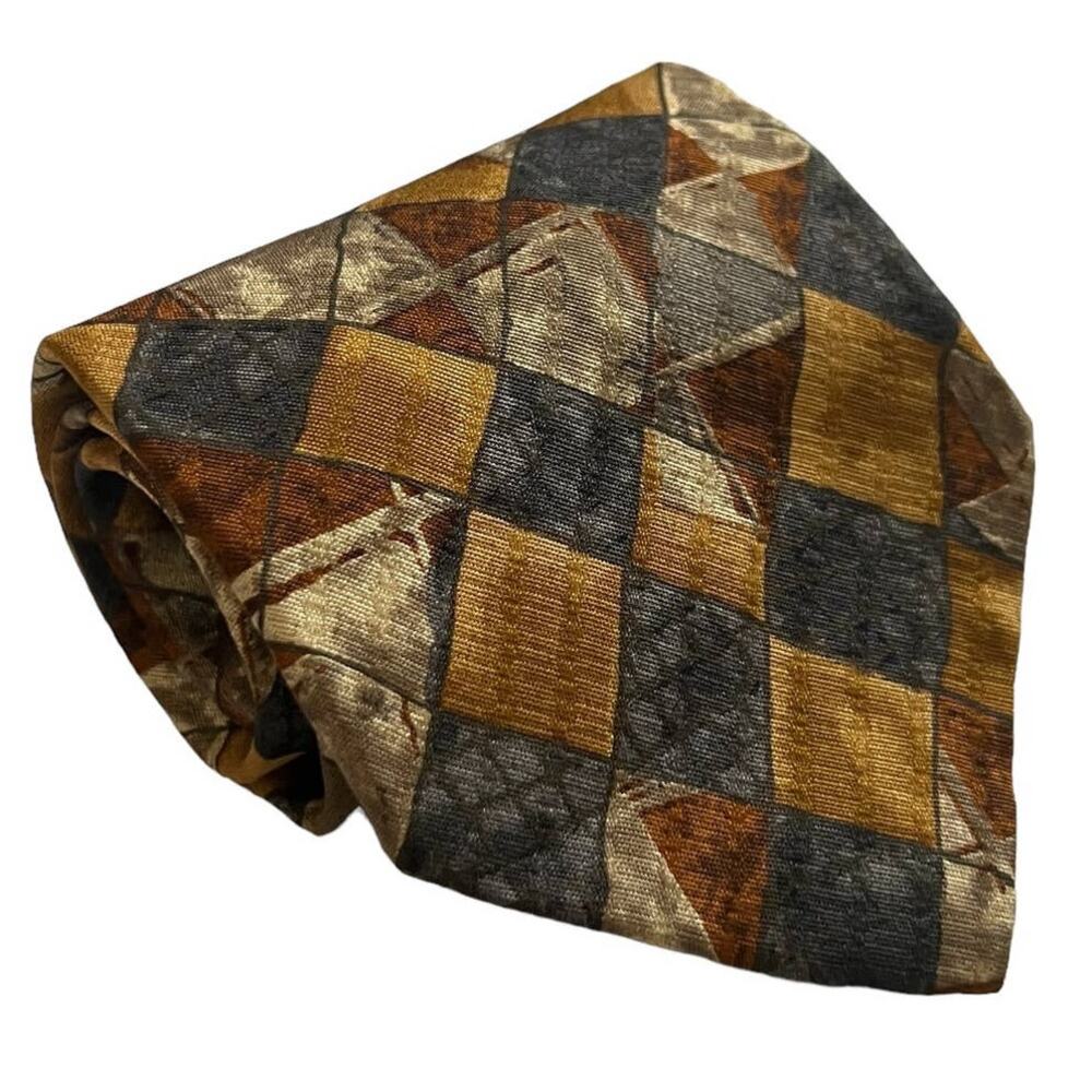 Ermenegildo Zegna Tan Gray Brown Diamond Pattern Geometric Silk Tie
